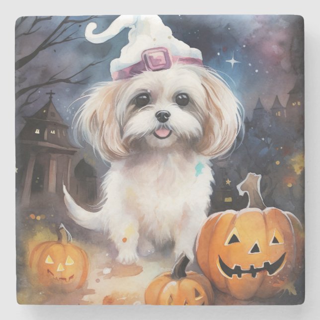 Porta-copo De Pedra Halloween Malti Tzu Com Pumpkins Assustado (Frente)