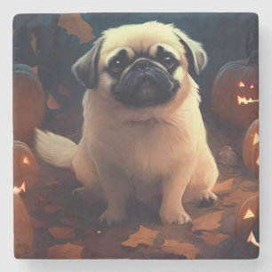 Porta-copo De Pedra Halloween Pekingese Com Pumpkins Assustado