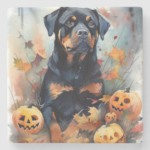 Porta-copo De Pedra Halloween Rottweiler Com Pumpkins Assustado