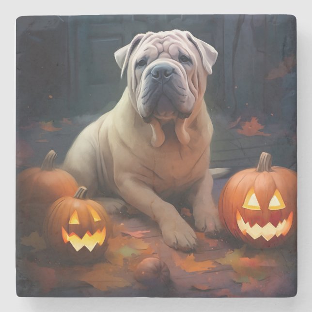 Porta-copo De Pedra Halloween Shar Pei Com Pumpkins Assustado (Frente)