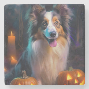 Porta-copo De Pedra Halloween Shetland Sheepdog Com Pumpkins Assustado