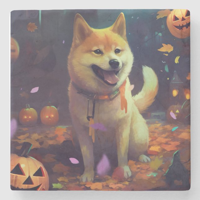 Porta-copo De Pedra Halloween Shiba Inu Com Pumpkins Assustado (Frente)