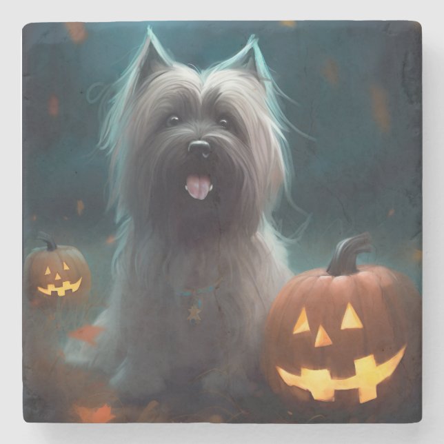 Porta-copo De Pedra Halloween Skye Terrier Com Pumpkins Assustado (Frente)
