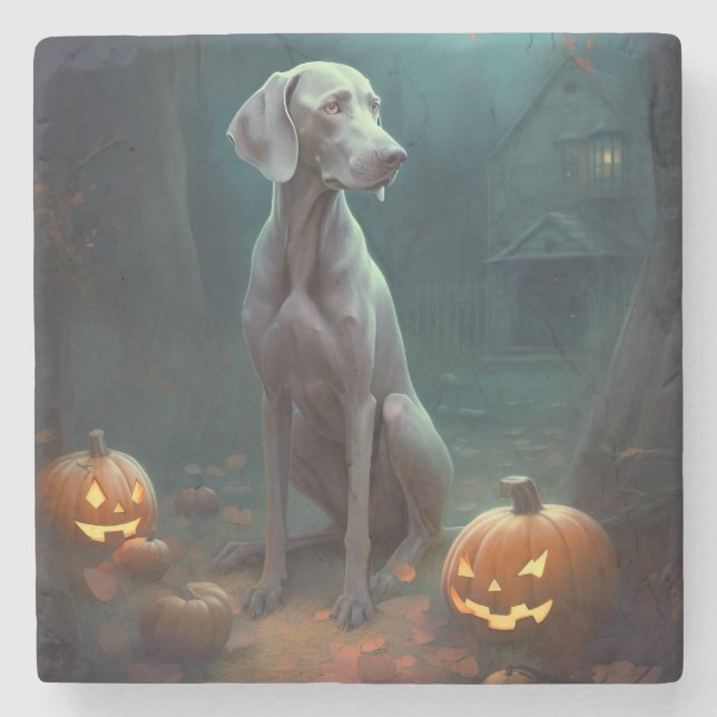 Porta-copo De Pedra Halloween Weimaraner Com Pumpkins Assustado (Frente)