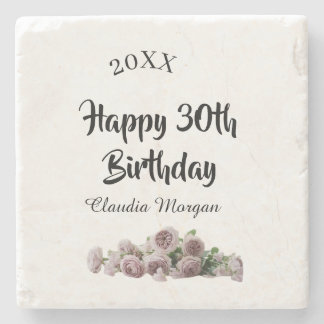 Porta-copo De Pedra Happy 30th birthday pink white mauve floral name y