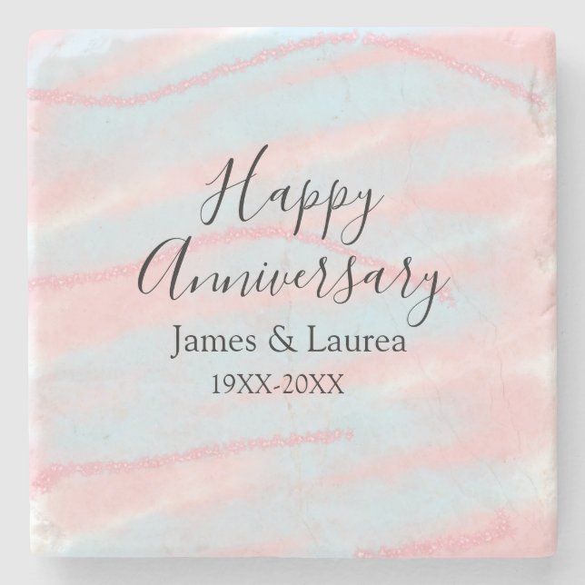 Porta-copo De Pedra Happy anniversary wedding name date year pastel  (Frente)