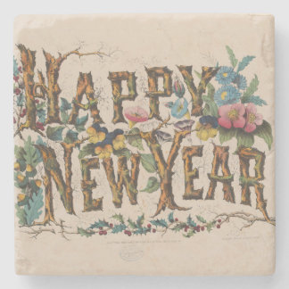 Porta-copo De Pedra Happy New Year, Vintage Currier & Ives Print