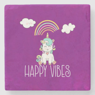 Porta-copo De Pedra Happy Vibs Typografia Incrível Rainbow & Unicorn
