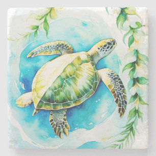 Porta-copo De Pedra Havaiana Honu com Plumeria & Maile Watercolor