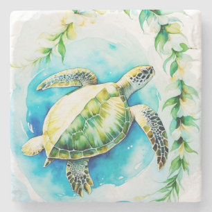 Porta-copo De Pedra Havaiana Honu com Plumeria & Maile Watercolor