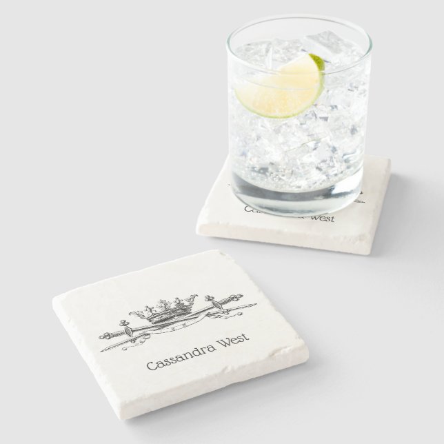 Porta-copo De Pedra Heráldica Crown Crown Swords Sabers Emblem Crest (Lateral)