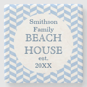 Porta-copo De Pedra Herringbone Blue Beach House Personalizado