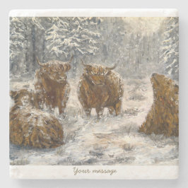 Porta-copo De Pedra  Highland Soul: Whimsical Snowy Cows Vintage