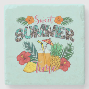 Porta-copo De Pedra Hora de Verão Doce   Frutas Tropicais e Florais