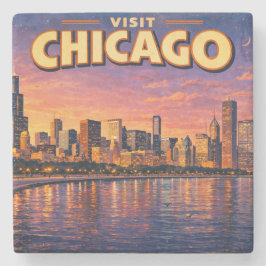 Porta-copo De Pedra Horizonte de Chicago e Lago Michigan à noite