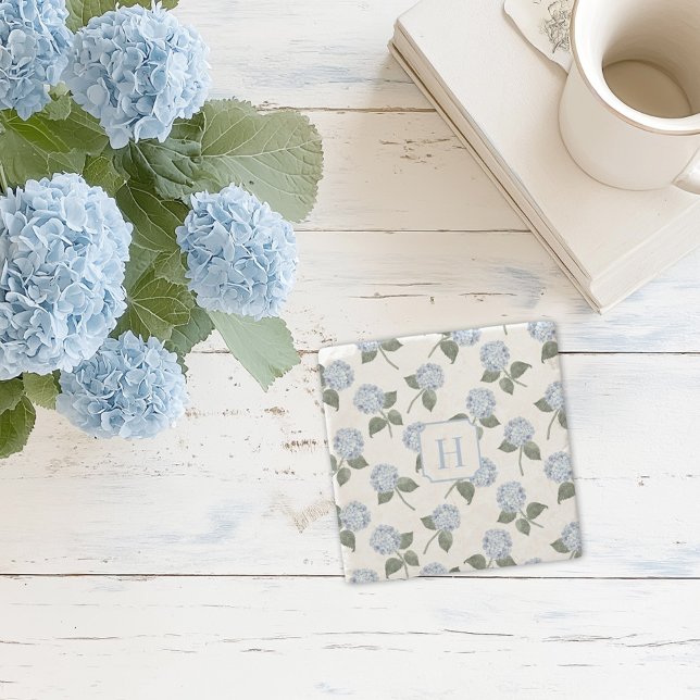 Porta-copo De Pedra Hortênsia Flores Azuis de Hamptons Monograma (blue hydrangea monogram stone drinks coaster)