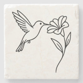Porta-copo De Pedra Hummingbird and Flower – Minimalist Black Line Art