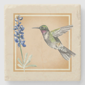Porta-copo De Pedra Hummingbird e Bluebonnet em fundo neutro