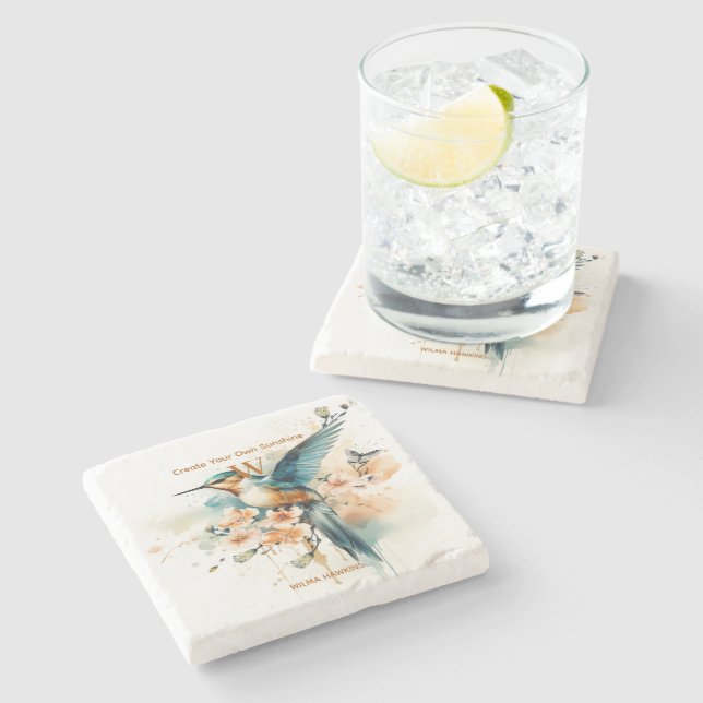 Porta-copo De Pedra Hummingbird Elegante Por Aquarela Monograma Com No (Lateral)
