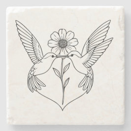 Porta-copo De Pedra Hummingbirds in Heart Shape with Flower Line Art