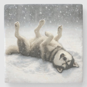 Porta-copo De Pedra Husky Siberiano Criando um Anjo de Neve
