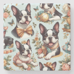 Porta-copo De Pedra Ilustração Cute Vintage de Boston Terrier