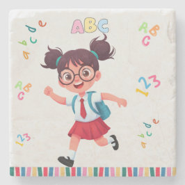 Porta-copo De Pedra Ilustração de Aprendizado ABC 123 de Menina de Esc