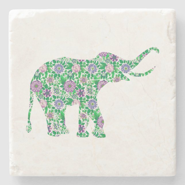 Porta-copo De Pedra Ilustração de elefante roxo e verde (Frente)