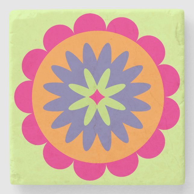 Porta-copo De Pedra ilustração de formas florais laranja e rosa (Frente)