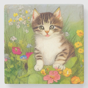 Porta-copo De Pedra Ilustração de Gato de Sorriso de Vintage