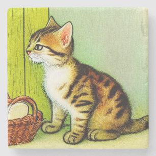 Porta-copo De Pedra Ilustração de Gato de Tabby de Vintage