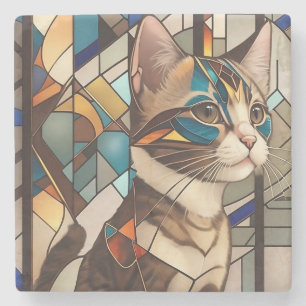 Porta-copo De Pedra Ilustração de Gato em Vidro Fosco Colorido