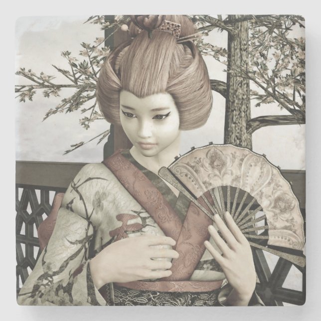 Porta-copo De Pedra Ilustração de Leque de Kimono de Geisha Vintage (Frente)