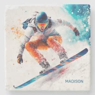 Porta-copo De Pedra Ilustração de Snowboarder de Nome Personalizado