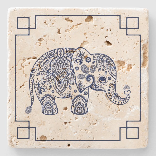 Porta-copo De Pedra Ilustração do Elefante de Paisley Azul (Frente)