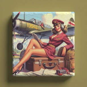 Porta-copo De Pedra Ilustração Pin-Up do Avião Vintage