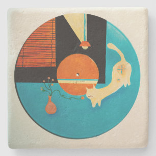 Porta-copo De Pedra Ilustração Retro de Gato se Alongando em Disco