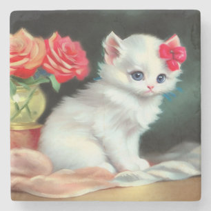Porta-copo De Pedra Ilustração Vintage White Kitten com Flores Vermelh