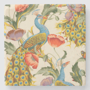 Porta-copo De Pedra Ilustrações de Peacock e Poppies Vintage