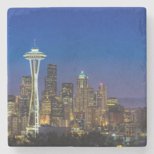 Porta-copo De Pedra Imagem da skyline de Seattle em horas de manhã