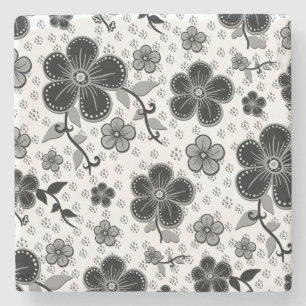 Porta-copo De Pedra Impressão Floral preto-e-branco