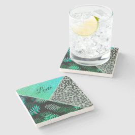Porta-copo De Pedra Impressão Tropical Leopardo de Teal com Glittery