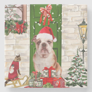 Porta-copo De Pedra Inglês Buldogue Christmas