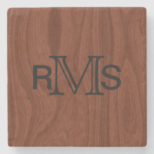 Porta-copo De Pedra Iniciais Monogramas Elegantes Mahogany Wood Grai