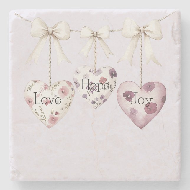 Porta-copo De Pedra Inspirational Floral Love Hope Joy Hearts Bow (Frente)