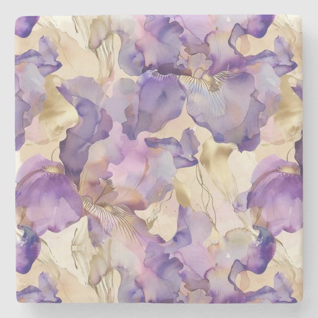 Porta-copo De Pedra Íris Floral Abstrata Roxo Branco Dourado (Frente)