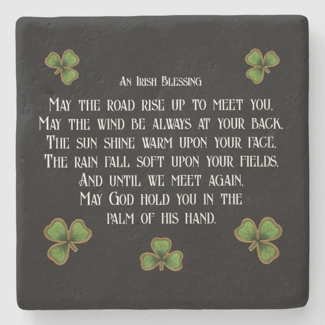 Porta-copo De Pedra Irish Blessing and Shamrocks Black and Green (Frente)