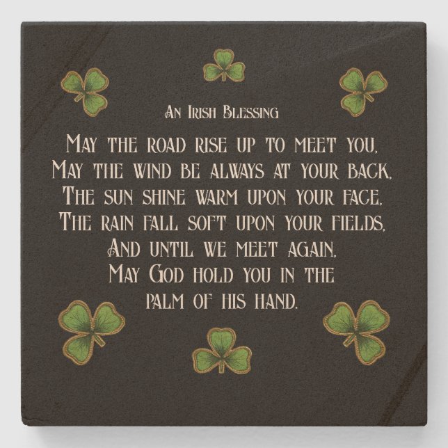 Porta-copo De Pedra Irish Blessing and Shamrocks Black and Green (Frente)