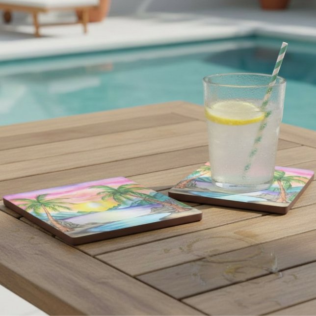 Porta-copo De Pedra Island Tropical Beach Sunset (Criador carregado)