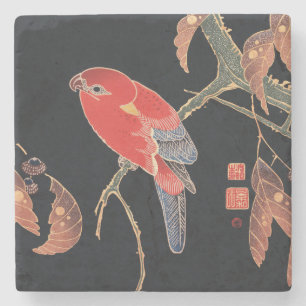 Porta-copo De Pedra Ito Jakuchu Papagaio Vermelho no Galho Arte Japone